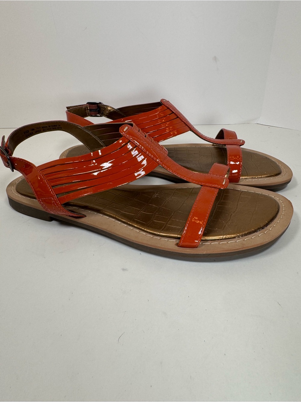 Indigo By Clarks Womens 10 Orange Patent Leather Open Toe Gladiator Sandals
